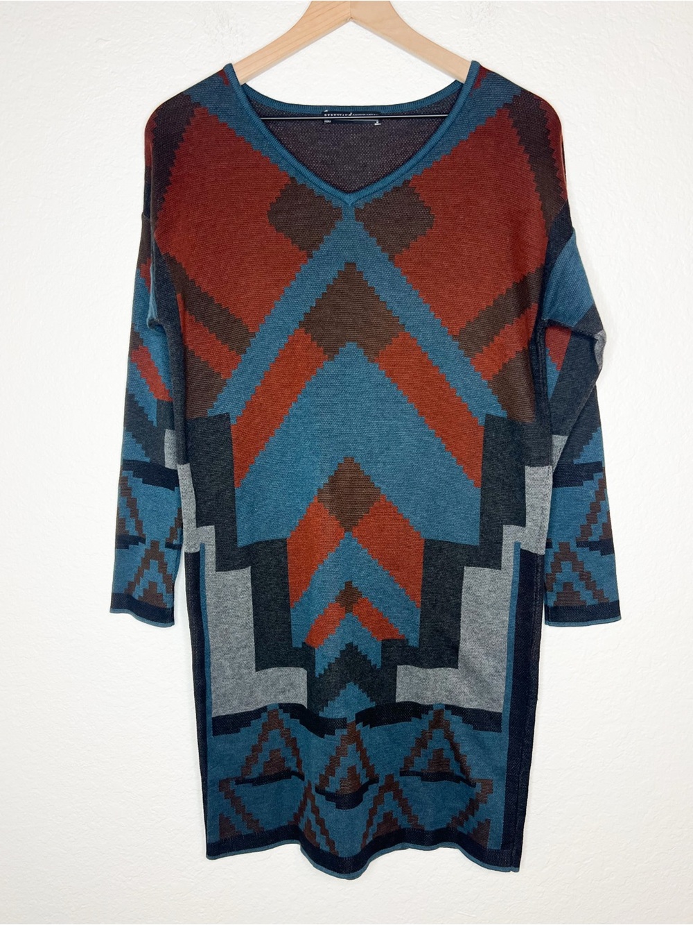 Peruvian Connection Pima Cotton Sweater Dress Aztec Rust Blue V-Neck size Medium